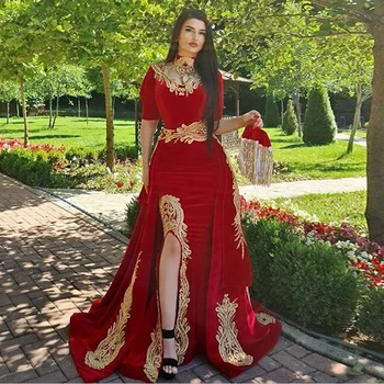 Eightale Maroko Kaftan Večerné Šaty s Odnímateľnou Sukne Dva Kusy Červená Morská víla Vysoká Krku Velvet Prom Šaty arabčina Party Šaty