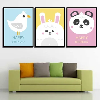 Wall Art Print HD Plátno na Maľovanie Pop Krásne Obrázky Zvierat A Happy Birthday Plagát, Nordic Štýl Pre Obývacia Izba Domova