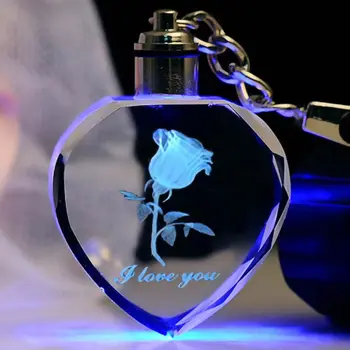 Valentína Víla Crystal Ružová LED Svetlo Keychain Láska Srdce Keychain Keyring Na Valentína Darčeky Keychains Dekorácie