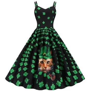 Ženy 2021 Nové Saint Patrick Sprievody Írsky St. Patrick Day Dress nedeľu 1950 Retro Tlač Zelená Tri Ďatelina Vintage Šaty
