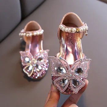 Módne Dievča Tanečné Topánky Crystal Sequin Pearl Dekorácie Motýľ Model Sandále Nízkom Podpätku, Baby, Deti, Ležérne Topánky