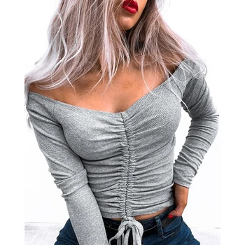 2020 Nový Príchod Sexy Slim Fit Tee Ženy Móda Bežné Farbou Šnúrkou Tričko Dlhý Rukáv Pletené Topy