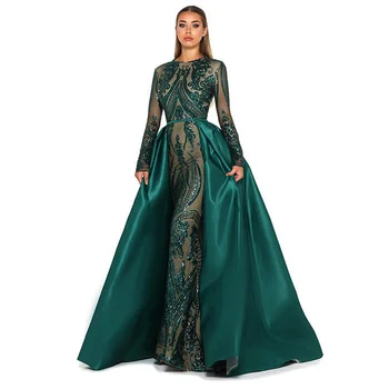 Zelená Iskrivý Sequin Večerné Šaty Dlhé 2020 Morská Víla Plné Rukávy Odnímateľný Vlak Saudskej Arabské Ženy Formálnej Strany Prom Šaty