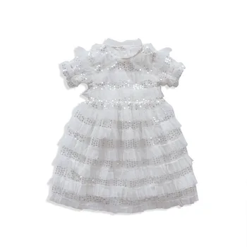 Dievčatá Princezná Šaty 2020 Nový Štýl Letné Baby Dievča Biela Šifón Krátky Rukáv Šaty Módne Sequin Oka Šaty