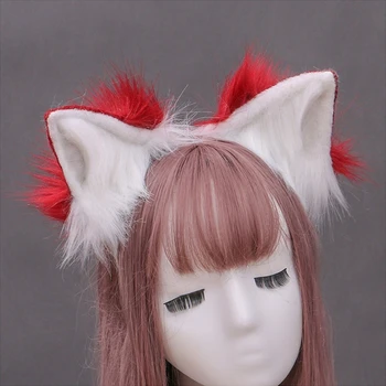 Simulácia Skladacia Plyšové Mačka Uši hlavový most s Kontrast Farieb Chlpaté Dlhý Chvost Nastaviť Kawaii Anime Zvierat Cosplay Kostým