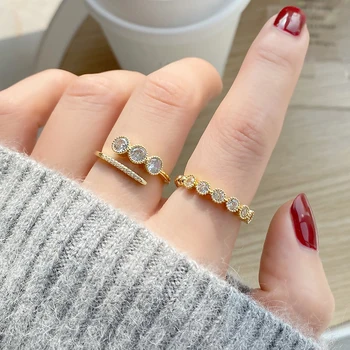 14K Skutočné Zlato Jemné Šperky Geometrické Zapojenie Nastaviteľné Prstene pre Ženy Jednoduchý Štýl Zirkón Elegantné Svadobné Prstene Nastaviť
