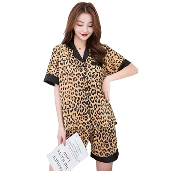 Ženy Hodváb Sexy Letné Bielizeň Pijiama Leopard Saténové Krátke Pyžamo Šortky Šaty Kórejský Dve Kus Pajama Sady Sleepwear