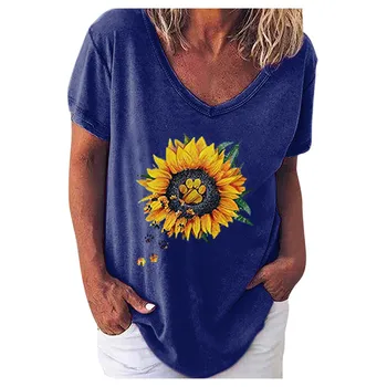 Veľké veľkosti, tričká ženy Bežné V Krku T-shirt Krátkym Rukávom slnečnice Tlačiť vysoko kvalitné oblečenie ropa mujer