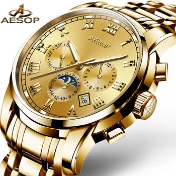 Relogio Masculino AESOP Značky Nepremokavé Týždeň, Mesiac, Dátum Hodinky Muži Móda Svetelný Vojenské Automatické Mechanické náramkové hodinky