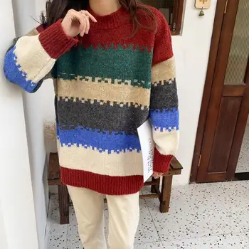 Voľné lenivý štýl hrubé ihly pletený sveter ženy jeseň a v zime nový štýl vonkajšie nosenie zodpovedajúce farbám dúhy prúžkované pulóvre