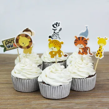 48pcs Cartoon Wildlife Park Zoo Zvieratá Cupcake Mulčovače vybrať Deti Narodeninovej Party cake Decoration Lev, Tiger Zebra Opice Žirafa