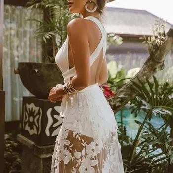 Biela Čipka Duté Z Long Beach Šaty 2020 Elegantné Svadobné Party Backless Formálne Dámy Maxi Šaty Večerné Šaty Club Vestidos