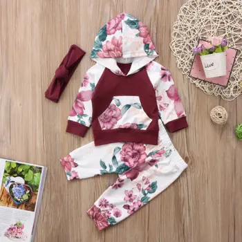Batoľa Detská Dievčatá Oblečenie Súpravy Oblečenie Oblečenie Baby Girl Fashion mikina s Kapucňou Mikiny A Dlhé Nohavice hlavový most Sada 3KS