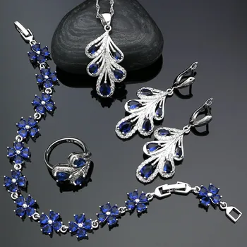 925 Silver Šperky Sady Pre Ženy Modrá Cubic Zirconia White Crystal Náušnice Prívesok Náhrdelník Prsteň Náramok Šperky, Strieborné Súpravy