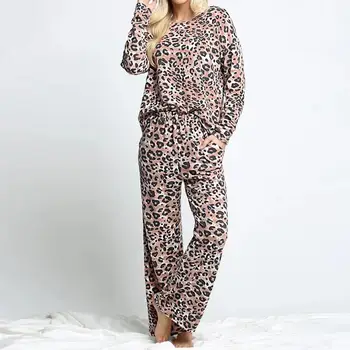 Jar, Jeseň dámske Pyžamo Leopard Tlač Sleepwear Tepláková súprava Sleepwear Sady Bežné Topy a Nohavice Pyžamá
