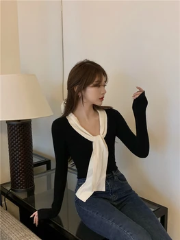 2 farby jesene kórejský štýl ženy slim topy golier, kravatu farbou dlhý Rukáv t-shirt Dámske Tričká tričko femme (R99440)