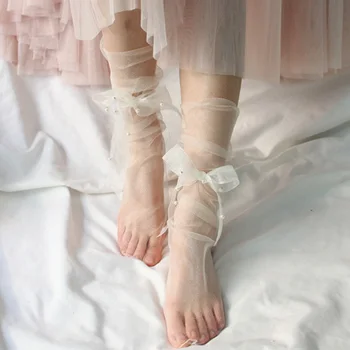 Nový Ultra-Tenký Tylu Ponožky Ženy Dlho Čipky Ponožky Transparentné Perly Ženskej Perspektívy Zviazané Sox
