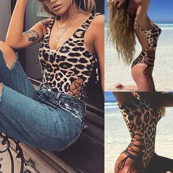 Ženy Sexy Boho Vintage Leopard Jeden Kus Bikini Kombinézu Criss Cross Strappy Obväz Bielizeň Romper Backless High Cut Plavky