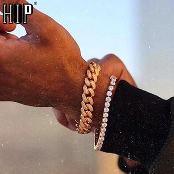 Hip Hop 1Set Ľadový to Celý Drahokamu Bling Mužov Náramok Pripraviť Zlato Miami Kubánskeho Reťazí Náramky pre Mužov Šperky Dropship