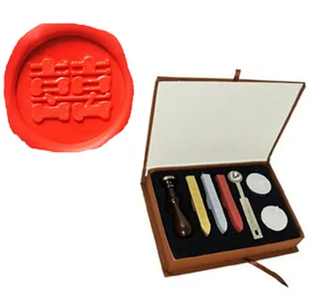Vintage Čínsky Znak Dvojité Šťastie Obrázok, Logo Svadobné Oznámenia Vosk Tesnenie Tesnenie Pečiatka Palice Lyžice Darček Box Set Kit
