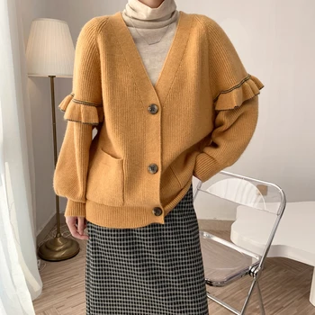 2020 Jeseň zima sveter cardigan pre ženy, obyčajný malátny tvaru svietidla rukáv kabát, sveter vintage dlhá manžeta odkazy na wom