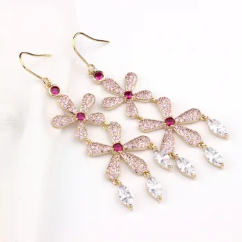 Bilincolor zlatá farba ružová dvojité elegantná kvetina strapec drop náušnice pre ženy