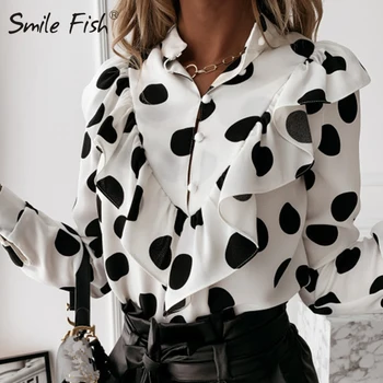 Dlhý Rukáv Ženy Tričko Office Lady Bežné Leopard Dot Módne Feamle 2020 Outwear Jeseň Zima Tlačidlá Volánikmi Blúzka G1964