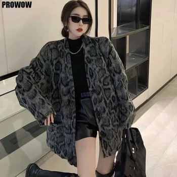 Kórejský Lady Bundu A Sveter Z Jedného Kusu Vintage Voľné Leopard Vlnené Kabát Na Jeseň 2020 Ženy Dlhý Rukáv Coats Dámy Kabát