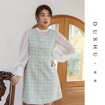 DUSHU Tweed zelený kockovaný krátke vintage šaty Ženy bez rukávov slim elegantné šaty Žena jar jeseň sexy office šaty plus veľkosť