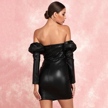 2019 Jeseň Nové Čierne dámske Kožené Šaty, Sexy Odnímateľný Dlhý Rukáv Mimo Ramenný Bodycon Mini Šaty Club Party Vestidos
