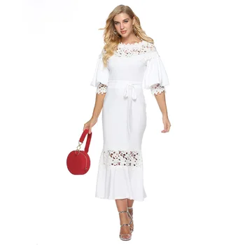 2020 Ženy hot predaj bežné denné o-krku polovicu rukáv Fishtail Spojení čipky šaty Žena jednofarebné šaty biele doprava zadarmo