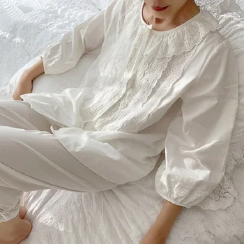 Móda Mäkké Čistej Bavlny Žien Bežné Biely Kvetinový Pyžamo Sady Žena Voľné Roztomilý Sleepwear Plus Veľkosť
