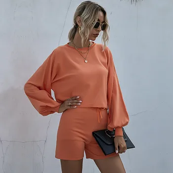 Móda ženy oblečenie na jeseň ženy zrastov nastaviť orange knitswear Šnúrkou Lístkového Rukáv Pulóver O-Krku pletený sady bavlnené oblečenie