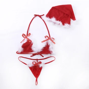 NOVÉ 2020 Ženy Sexy Santa priesvitný Set spodnej Bielizne Umelú Kožušinu Vianočné Košieľky Podprsenka G-String Tangá, Klobúk 3ks Obväz Exotické Nastaviť Underwears