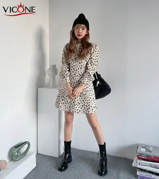 VICONE Leopard Tlač Kultivovať Jeden Morálky, Podklad Dlhým rukávom Šaty Vintage Šaty
