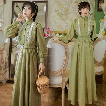 COIGARSAM Celý Rukáv Ženy šaty Jar Vysoký Pás Šaty Zelené 6788