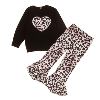 Jeseň Deti Dievča Bežné Dlhý Rukáv Bavlna Leopard Srdca Tlače Topy, Nohavice, Oblečenie Set