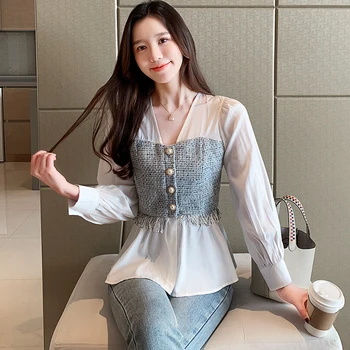 Plus veľkosť Pevné Biele Tričko s Dlhým Rukávom Módne Office Lady Topy kórejský Štýl Ženy Pozdĺžne Šifón Blúzka V-neck tričko Feminina