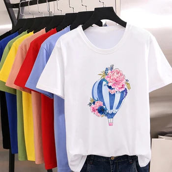 Harajuku Estetické Nové tričko Kvet teplovzdušný Balón Tlač Punk dámske tričko Lumbálna Voľné Kolo Krku Pop Multicolor Tričko