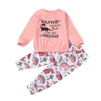 Baby Dievčatá 2-kus Oblečenia Nastaviť Dlhý Rukáv Cartoon Dinosaura Tlače Top+nohavice súprava pre Deti, Baby, Dievčatá 0-4 Rokov