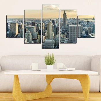 Vytlačené plátno HD Modulárny Plagát Domov Wall Art Obrázky Rám 5 Kusov New Yorku Panorámu Vysokých Budov, Maľovanie Obývacia Izba