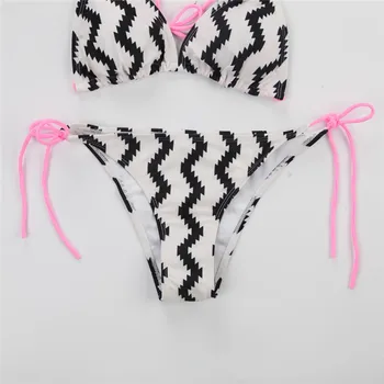 V roku 2018 sa Nové teplovodné Brazílsky Vlna tlač Sexy dámske Bikini Set Push Up čalúnená Pruhované plavky, plavky, plavky plážové oblečenie