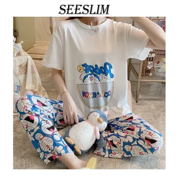 Seeslim Kawaii Ženy Pyžamo Príležitostné Voľné Krátky Rukáv Doraemon Dámske Pyžamo Sleepwear Letnej Noci Oblek Pre Ženy Odev
