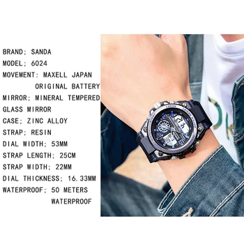 SANDA Športové Muži Hodinky Dual Displej Digitálny LED Náramkové hodinky Quartz Zlato Nepremokavé Vojenské Hodinky pre Mužov Hodiny montre homme