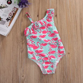 Batoľa Detský Baby Dievčatá Plavky, Bikiny Nastaviť Jeden Kus Mimo Ramenný Volánikmi Cartoon Flamingo Kombinézu Plavky, plážové oblečenie Hot 0-6T