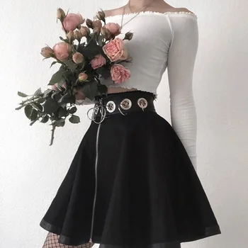 Gotický Punk Mini Sukne Ženy Železa Krúžok Šitie Dutých Zips, Čierna Vysoký Pás Skladaná Sukňa Goth Tmavé Harajuku Dievča Streetwear