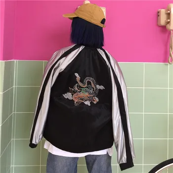 2018 Nové Žien Harajuku Vintage Dragon Výšivky Pilot Bunda Steetwear Hip Hop Voľné Bežné Baseball Jednotný Základný Náter Femme