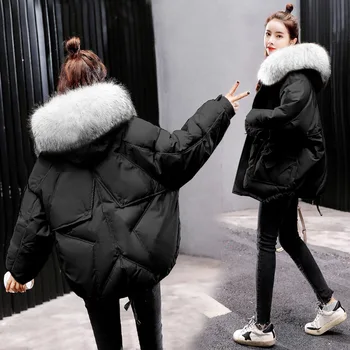 Krátke bavlnené čalúnená oblečenie žien, nové zimné 2020 voľné kapucňou veľké vlasy golier kórejský voľné žien dole látková bunda