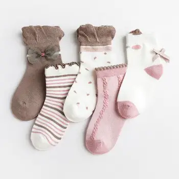 Nový 3-12Y 5Pairs/Veľa Jesenné a zimné nové dievčatá ponožky luk čipky detí česanej bavlny baby ponožky