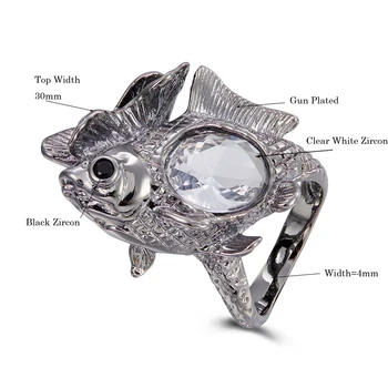 Cool Ryby dizajn Krúžok Veľké Oválne zirconia kameň Šperky Pištoľ black á Veľký Prst Krúžky na spoločenské Šperky